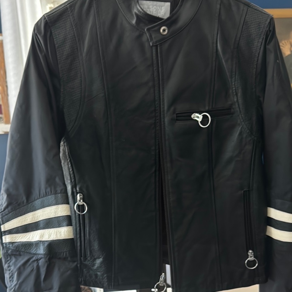 Black Wilson’s Leather Moto Jacket with White Stripes